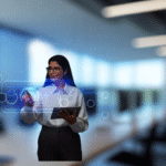 alt_text: Modern office scene showcasing an employee using touchscreen tech to explore business automation.