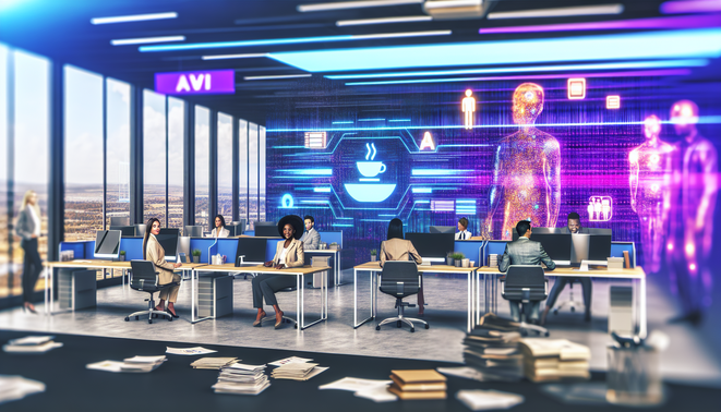 alt_text: A vibrant office scene contrasts clutter and stress with AI-driven efficiency, showcasing empowered professionals.