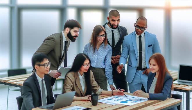 alt_text: A diverse team of professionals analyzing data in a modern office for a business efficiency audit.