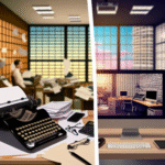 alt_text: Split-screen image contrasting manual and automated offices, showcasing technology's impact on efficiency.