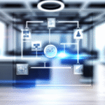 alt_text: A sleek flowchart in a modern office, illustrating efficient business processes with icons.