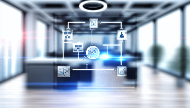 alt_text: A sleek flowchart in a modern office, illustrating efficient business processes with icons.