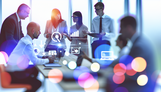 alt_text: A vibrant office scene with professionals discussing marketing automation, data, and technology.