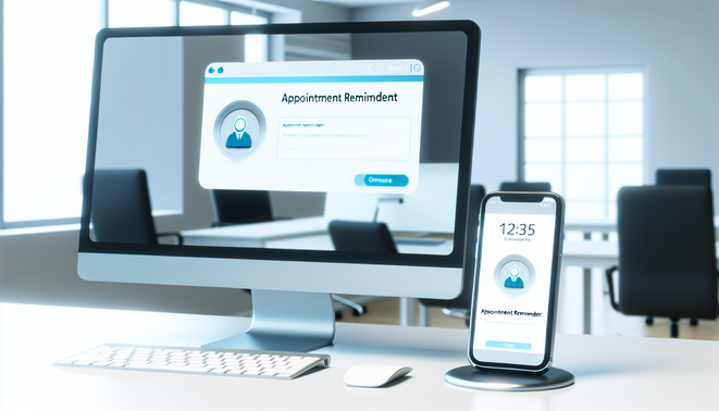 alt_text: A sleek office scene showing automated appointment reminders on a computer and smartphone, symbolizing efficiency.