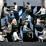 alt_text: Futuristic office showcasing humans collaborating with AI tools, highlighting efficiency and innovation.