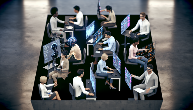 alt_text: Futuristic office showcasing humans collaborating with AI tools, highlighting efficiency and innovation.