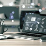 alt_text: A modern workspace with a laptop displaying automation tools, emphasizing productivity and efficiency.