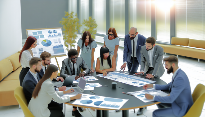 alt_text: Diverse professionals collaborating on CRM strategies in a modern, inspiring office environment.