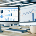 alt_text: A modern office with a desktop showing analytics, graphs, and workspace essentials for CRM reporting.