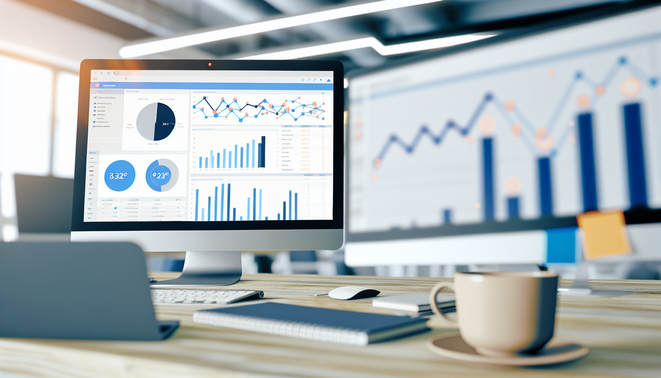 alt_text: A modern office with a desktop showing analytics, graphs, and workspace essentials for CRM reporting.