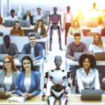 alt_text: Modern office showing diverse team collaborating with robots and tech, symbolizing automation's impact.