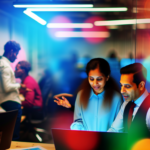 alt_text: A diverse team collaborates around a digital screen in a vibrant office, symbolizing efficiency and growth.