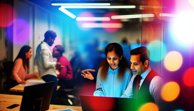 alt_text: A diverse team collaborates around a digital screen in a vibrant office, symbolizing efficiency and growth.