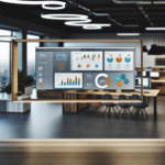 alt_text: A modern workspace with a digital dashboard showcasing performance metrics and teamwork insights.