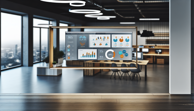 alt_text: A modern workspace with a digital dashboard showcasing performance metrics and teamwork insights.