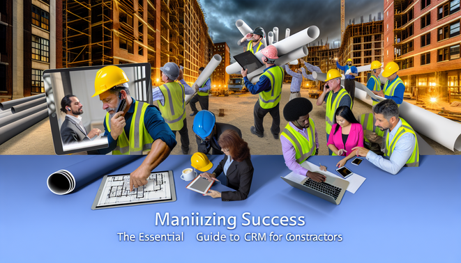alt_text: A modern cover for "CRM for Contractors" shows diverse workers using tech on a construction site.