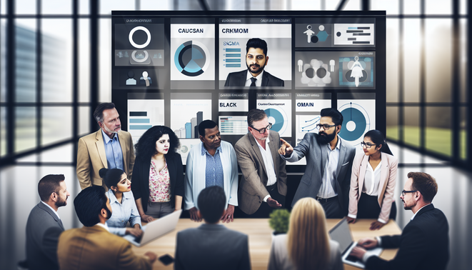 alt_text: Diverse professionals collaborate on CRM software in a modern office, showcasing data-driven teamwork.