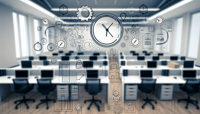 alt_text: "Book cover for 'Workflow Optimization Techniques' featuring a modern office and productivity icons."