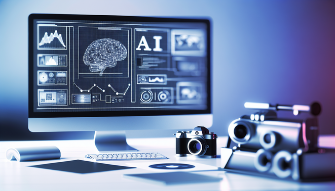 alt_text: A sleek workspace showcasing AI analytics and organized workflows, conveying efficiency and innovation.