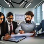 alt_text: A diverse team collaborates in a modern office, analyzing documents under operational audit graphs.