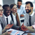 alt_text: Diverse professionals collaborate in a modern office, analyzing CRM data and client interactions.