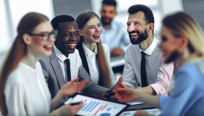 alt_text: Diverse professionals collaborate in a modern office, analyzing CRM data and client interactions.