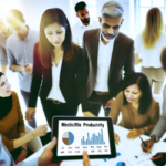 alt_text: A diverse team collaborates around a tablet showing productivity metrics in a bright office.