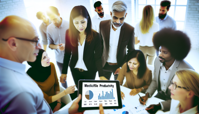 alt_text: A diverse team collaborates around a tablet showing productivity metrics in a bright office.