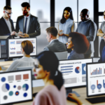 alt_text: A modern office scene showing diverse professionals analyzing CRM data on digital dashboards.