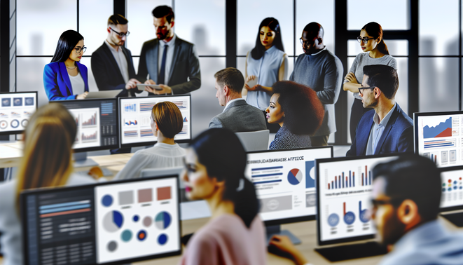 alt_text: A modern office scene showing diverse professionals analyzing CRM data on digital dashboards.