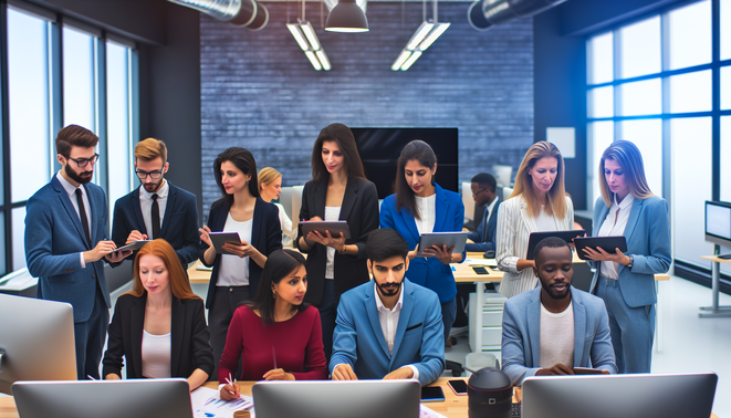 alt_text: Diverse professionals collaborate in a modern office, using digital tools to enhance productivity.
