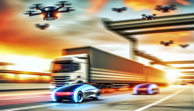 alt_text: A modern logistics hub with drones and self-driving trucks, showcasing automated operations and technology.