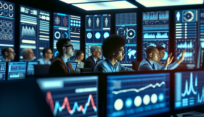alt_text: A high-tech control room with diverse professionals analyzing predictive analytics on digital screens.