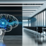 alt_text: A sleek office scene illustrating automation in back-end processes, featuring a digital brain and data flow.