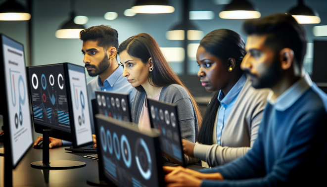 alt_text: A diverse team analyzes data in a modern office, enhancing customer data accuracy with tech visuals.