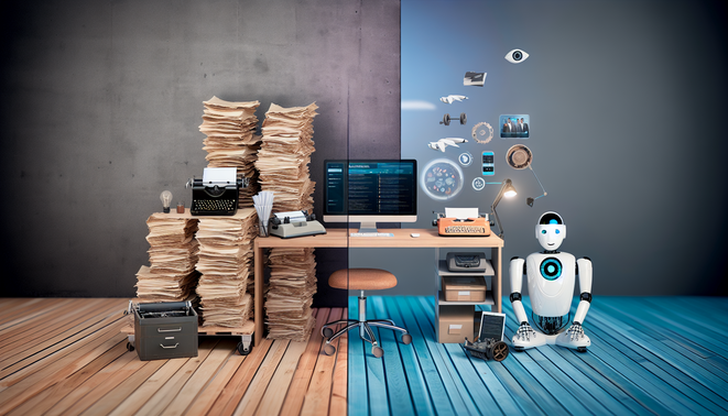 alt_text: Cover image depicting automation of business tasks: traditional methods vs. modern tech solutions.