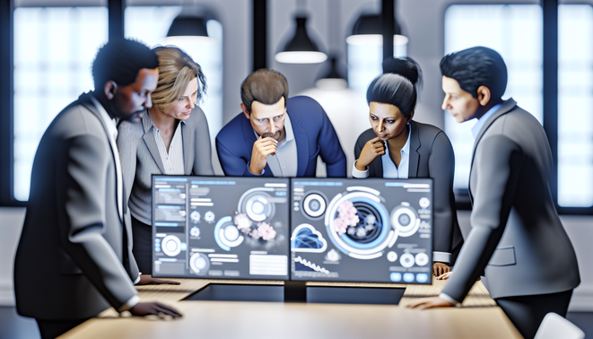 alt_text: Diverse professionals collaborate in a modern office on a CRM dashboard, showcasing strategies.