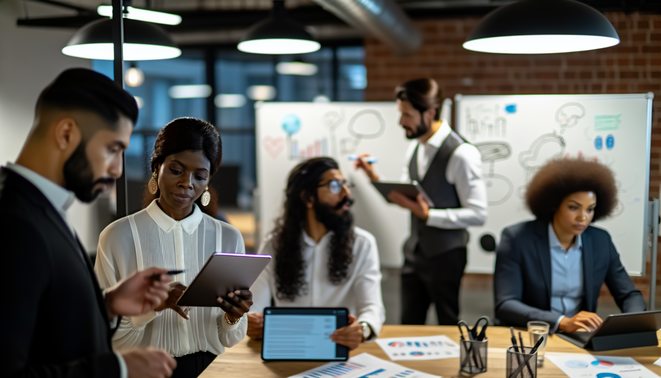 alt_text: Diverse professionals collaborate in a modern office, using tech and brainstorming tools creatively.