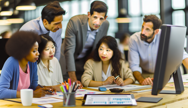alt_text: Diverse professionals collaborate in a vibrant office, analyzing CRM data for process optimization.