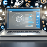 alt_text: A modern laptop showcases a CRM dashboard, surrounded by ecommerce icons and digital elements.