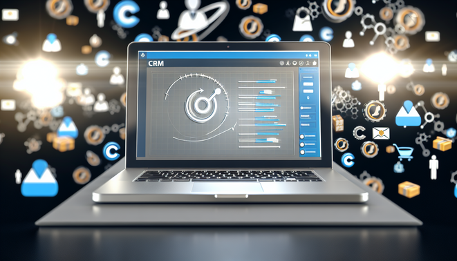 alt_text: A modern laptop showcases a CRM dashboard, surrounded by ecommerce icons and digital elements.
