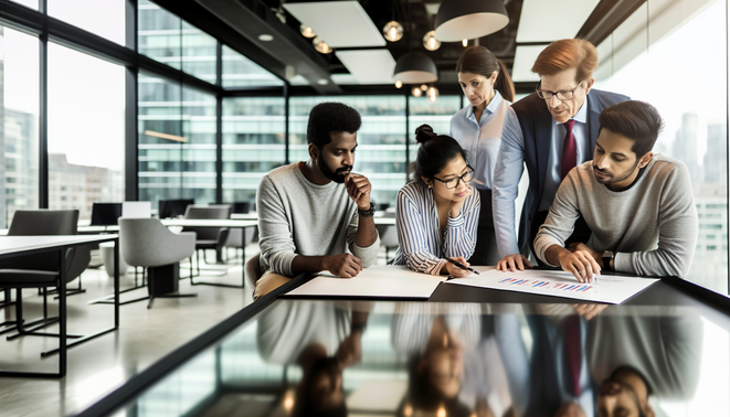 alt_text: A diverse team collaborates around a table, analyzing charts in a bright, modern office.