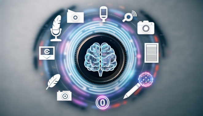 alt_text: A modern cover image for "AI Content Automation Ideas," featuring an AI brain amidst diverse media icons.