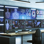 alt_text: Futuristic workspace showcasing AI-driven data organization with visualizations and digital files.