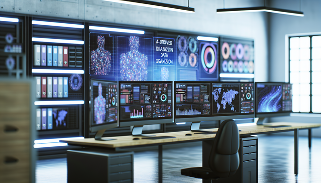 alt_text: Futuristic workspace showcasing AI-driven data organization with visualizations and digital files.