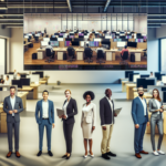 alt_text: A modern office scene showcasing diverse employees enhancing efficiency with advanced tech and teamwork.