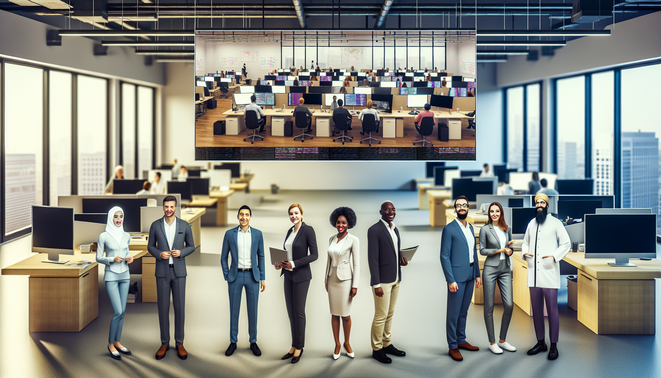 alt_text: A modern office scene showcasing diverse employees enhancing efficiency with advanced tech and teamwork.