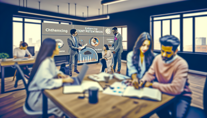 alt_text: Diverse professionals collaborate on client retention strategies in a modern office, featuring CRM tools.