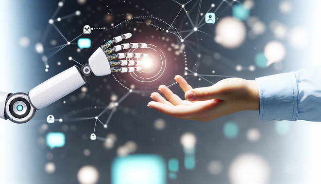 alt_text: A blend of tech and personal touch in client communication; a robotic hand meets human interaction.