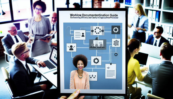 alt_text: Professional cover for a "Workflow Documentation Guide" featuring flowcharts, icons, and teamwork imagery.